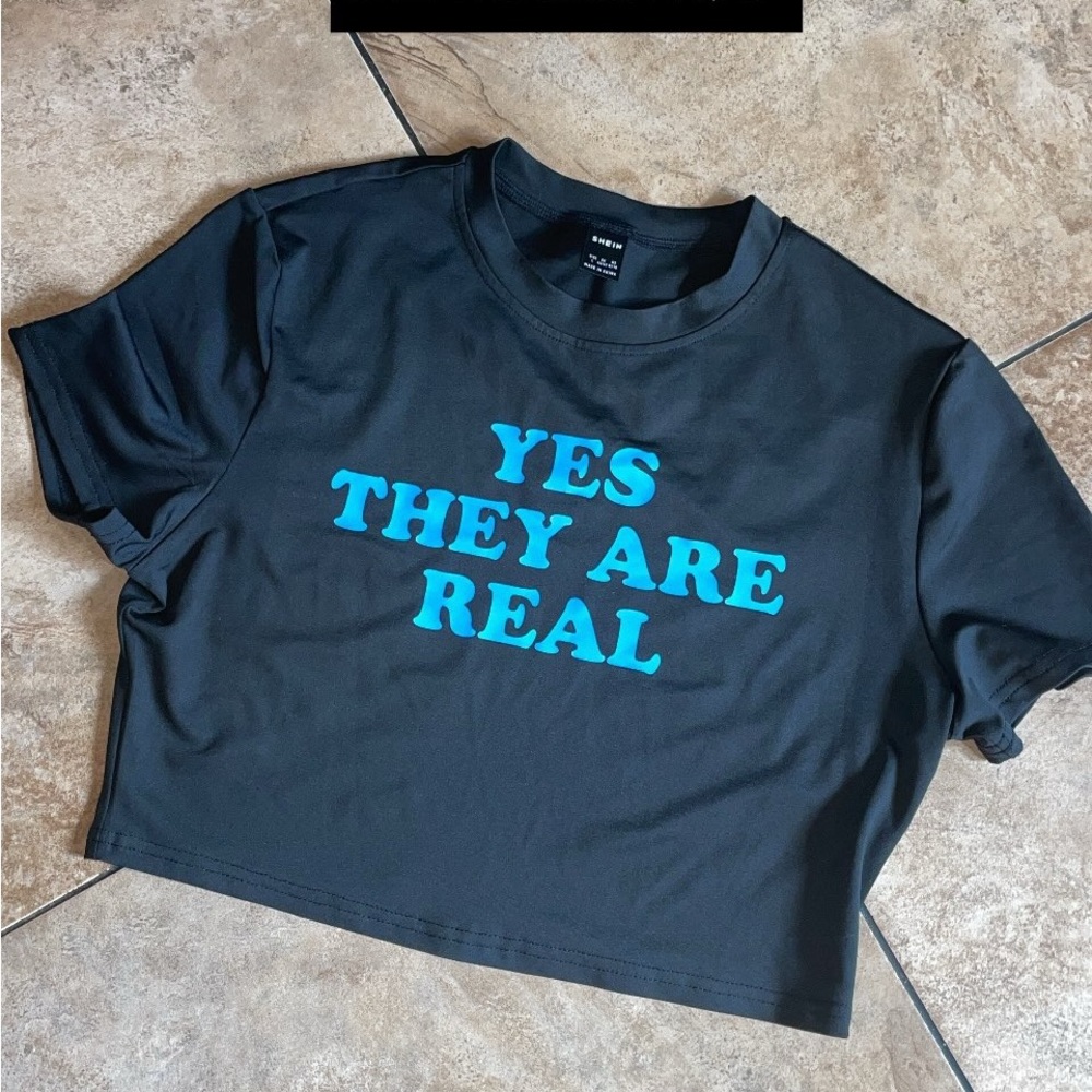 SHEIN Black Crop Top with Blue Graphic